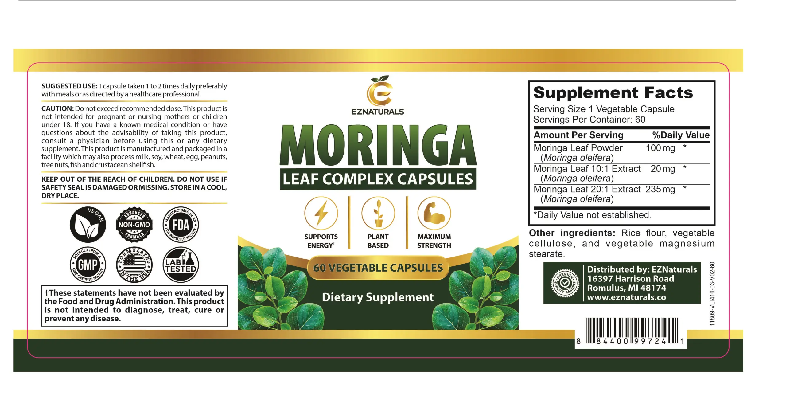 Moringa Leaf Complex Supplement Facts label